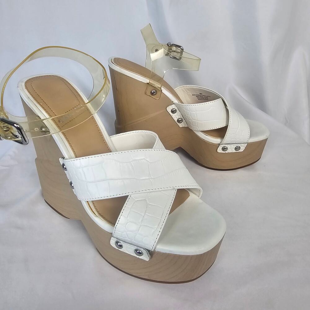 Giani Bini White Faux Croc Platform Wedges 8M Clear Strap NWOT